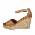 Woman's open shoe with strap and platform in tan brown leather wedge heel 9 - Available sizes:  43
