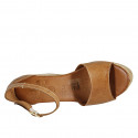 Woman's open shoe with strap and platform in tan brown leather wedge heel 9 - Available sizes:  43