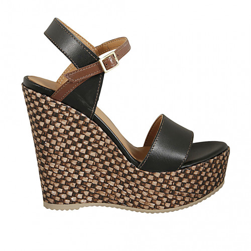 Woman's strap platform sandal in black and brown leather with braided wedge heel 12 - Available sizes:  42, 43