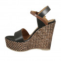 Woman's strap platform sandal in black and brown leather with braided wedge heel 12 - Available sizes:  42, 43