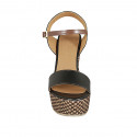 Woman's strap platform sandal in black and brown leather with braided wedge heel 12 - Available sizes:  42, 43