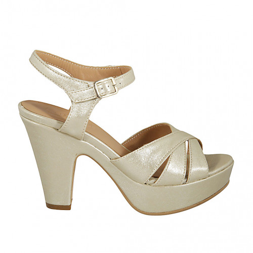 Woman's platform sandal with ankle strap in laminated platinum leather heel 10 - Available sizes:  42