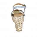 Woman's strap sandal in light blue and platinum leather with platform and braided wedge heel 9 - Available sizes:  42, 43, 44
