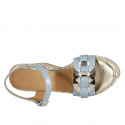 Woman's strap sandal in light blue and platinum leather with platform and braided wedge heel 9 - Available sizes:  42, 43, 44