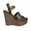 Sandale pour femmes avec courroie et plateforme en cuir noir avec talon compensé tressé 12 - Pointures disponibles:  43