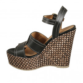 Sandalo da donna con cinturino e plateau in pelle nera con zeppa intrecciata 12 - Misure disponibili: 43 2