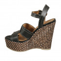 Woman's strap platform sandal in black leather with braided wedge heel 12 - Available sizes:  42, 43, 44