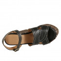 Woman's strap platform sandal in black leather with braided wedge heel 12 - Available sizes:  42, 43, 44