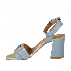 Woman's sandal with ankle strap in light blue and platinum leather heel 8 - Available sizes:  43 2