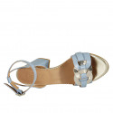 Woman's sandal with ankle strap in light blue and platinum leather heel 8 - Available sizes:  43, 44, 45