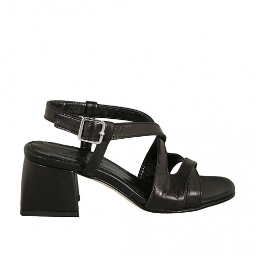 Sandalia para mujer con cinturon cruzado en piel negra tacon 5 - Tallas disponibles:  42