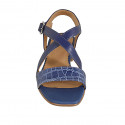 ﻿Woman's sandal with crossed strap in cornflower blue leather and printed leather heel 3 - Available sizes:  32, 44