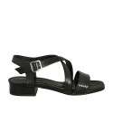 Woman's crossed strap sandal in black leather and printed leather heel 3 - Available sizes:  33, 42, 43