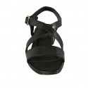 Woman's crossed strap sandal in black leather and printed leather heel 3 - Available sizes:  33, 42, 43