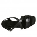 Woman's crossed strap sandal in black leather and printed leather heel 3 - Available sizes:  33, 42, 43