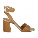 Woman's sandal with ankle strap in cognac brown leather heel 8 - Available sizes:  42, 45
