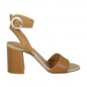 Woman's sandal with ankle strap in tan brown leather heel 8 - Available sizes:  42, 45