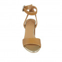 Woman's sandal with ankle strap in cognac brown leather heel 8 - Available sizes:  42, 45