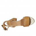 Woman's sandal with ankle strap in cognac brown leather heel 8 - Available sizes:  42, 45