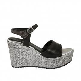 Woman's strap platform sandal in black leather and silver grey fabric wedge heel 9 - Available sizes:  42, 43