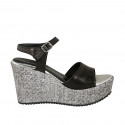 Woman's strap platform sandal in black leather and silver grey fabric wedge heel 9 - Available sizes:  42, 43, 44, 45