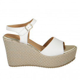 Sandalia para mujer con cinturon y plataforma en piel blanca y tejido beis cuña 9 - Tallas disponibles:  42, 43, 45