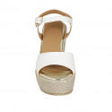 Woman's platform sandal with strap in white leather and beige fabric wedge heel 9 - Available sizes:  42, 43, 44, 45