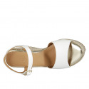 Woman's platform sandal with strap in white leather and beige fabric wedge heel 9 - Available sizes:  42, 43, 44, 45