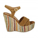 Woman's strap sandal with platform in tan brown suede and multicolored fabric wedge heel 12 - Available sizes:  42, 43, 44