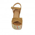 Woman's strap sandal with platform in tan brown suede and multicolored fabric wedge heel 12 - Available sizes:  42, 43, 44