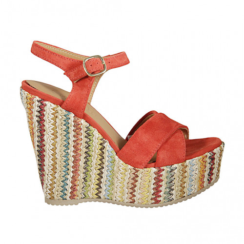 Woman's strap sandal with platform in red suede and multicolored fabric wedge heel 12 - Available sizes:  42, 43, 44