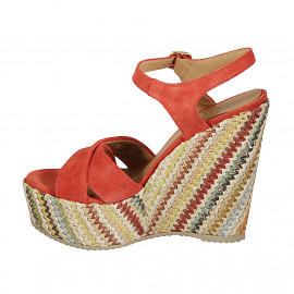 Woman's strap sandal with platform in red suede and multicolored fabric wedge heel 12 - Available sizes:  42, 43 2