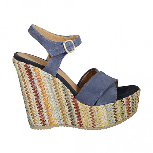 Woman's strap sandal with platform in light blue suede and multicolored fabric wedge heel 12 - Available sizes:  42, 43, 45