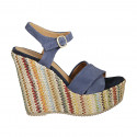 Woman's strap sandal with platform in light blue suede and multicolored fabric wedge heel 12 - Available sizes:  42, 43, 45