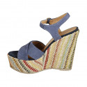 Woman's strap sandal with platform in light blue suede and multicolored fabric wedge heel 12 - Available sizes:  42, 43, 45