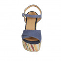 Sandale pour femmes avec plateforme et courroie en daim bleu clair et tissu multicouleur talon compensé 12 - Pointures disponibles:  42, 43