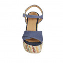 Woman's strap sandal with platform in light blue suede and multicolored fabric wedge heel 12 - Available sizes:  42, 43, 45
