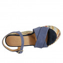 Woman's strap sandal with platform in light blue suede and multicolored fabric wedge heel 12 - Available sizes:  42, 43, 45