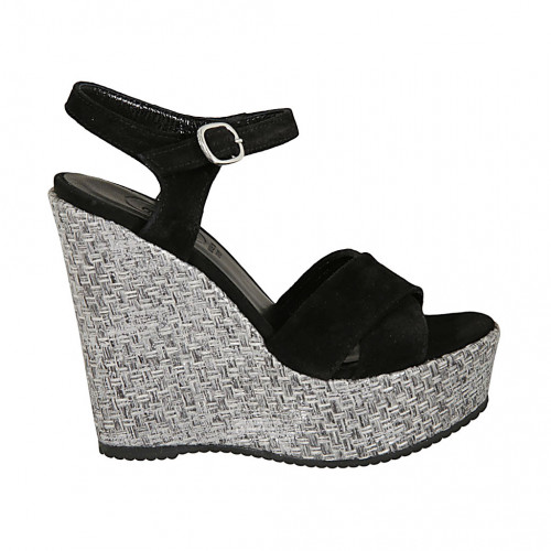 Sandale pour femmes avec courroie et plateforme en daim noir et tissu gris argent talon compensé 12 - Pointures disponibles:  42, 43, 44