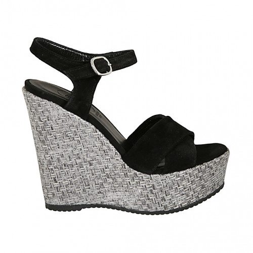 Woman's strap platform sandal in black suede and silver grey fabric wedge heel 12 - Available sizes:  42, 43, 44