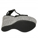 Woman's strap platform sandal in black suede and silver grey fabric wedge heel 12 - Available sizes:  42, 43, 44