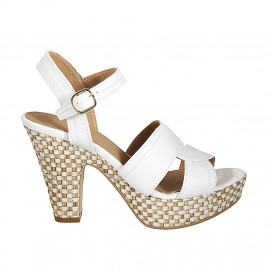Woman's strap sandal with platform in white leather and braided heel 10 - Available sizes:  42