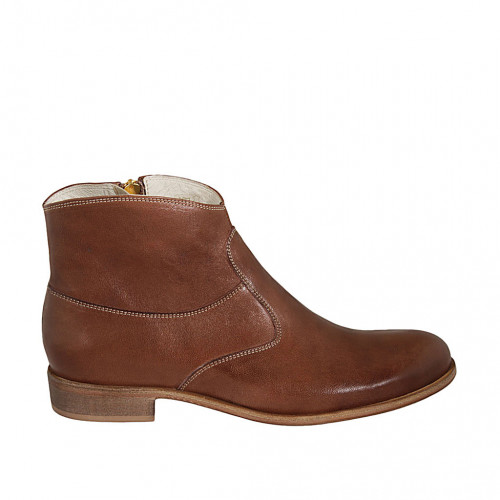 Woman's ankle boot with zipper in tan brown leather heel 3 - Available sizes:  45