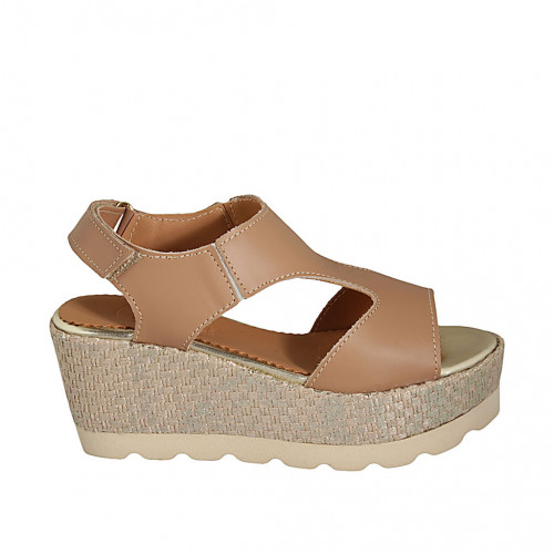 Sandalia para mujer con cierre de velcro en piel marron claro y tejido cuña 7 - Tallas disponibles:  43
