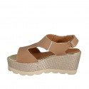 Woman's sandal with velcro strap in light brown leather and fabric wedge heel 7 - Available sizes:  43, 45