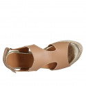 Woman's sandal with velcro strap in light brown leather and fabric wedge heel 7 - Available sizes:  43, 45