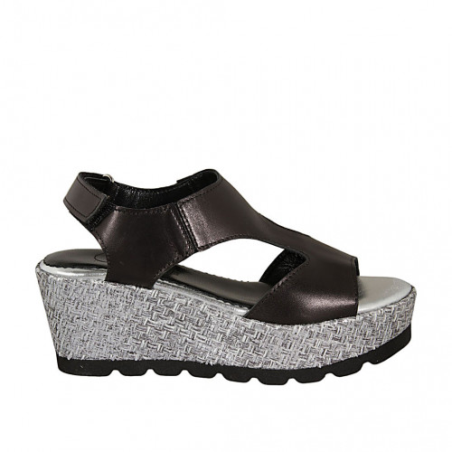 Woman's sandal with velcro strap in black leather and silver grey fabric wedge heel 7 - Available sizes:  43, 46
