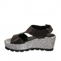 Woman's sandal with velcro strap in black leather and silver grey fabric wedge heel 7 - Available sizes:  43, 46
