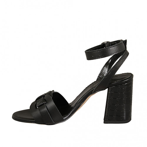 Damensandale mit Riem aus schwarzem Leder und gedrucktem Leder Absatz 7