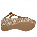 Woman's sandal in tan brown suede and braided fabric with platform wedge heel 9 - Available sizes:  43